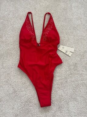 Red One-Piece Swimsuit with Crystal Detail NWT size L